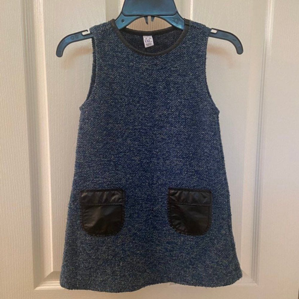 Zara Kids Blue Tweed Dress Metallic Faux Leather Pockets and Trim Girls Size 4-5